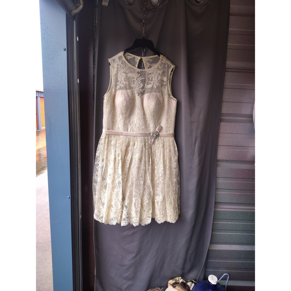 Forever Yours Lace Cocktail Dress Champagne Cream Rhinestone Brooch Size 16 7867